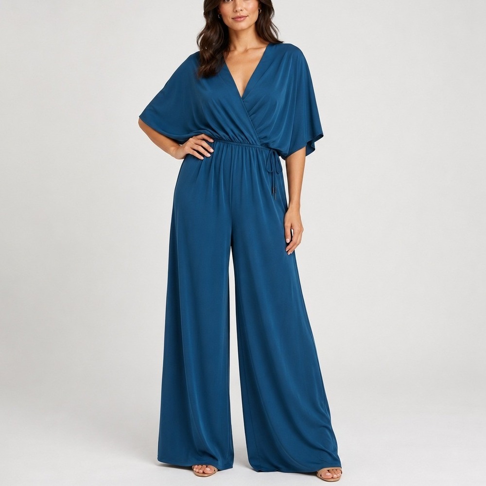 Halston Eden Matte Jersey Jumpsuit 0 Teal Blue Wide Leg